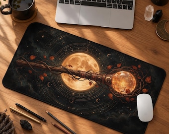 Witch Desk Mat, Celestial Crystal Staff Mouse Pad, Witchy Keyboard Mat, Dark Fantasy Desk Pad, Witch Gift for Her, Dark Academia Gaming Mat