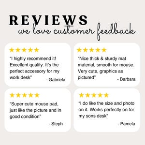 May include: A graphic display titled REVIEWS we love customer feedback featuring four five-star reviews from customers named Gabriela, Barbara, Steph, and Pamela. Each review box contains text praising the quality, material, and appearance of a mouse pad.