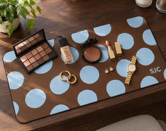 Personalized Polka Dot Makeup Mat, Custom Vanity Mat with Initials, Monogram Beauty Mat, Cute Desk Pad, Preppy Room Decor, Gift for Her