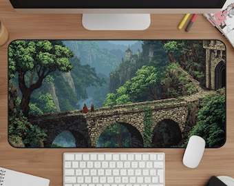 Forest Pixel Art Desk Mat, Fantasy RPG Gaming Mouse Pad, Medieval DeskPad XL, Wandering Knight Keyboard Mat, Gift for Gamers, Desk Accessory