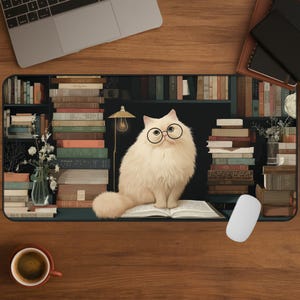 Puede incluir: Un gato blanco con gafas está sentado en un libro abierto, rodeado de montones de libros y una pequeña lámpara. El diseño está impreso en una alfombrilla de ratón rectangular, con un portátil y una taza de café visibles.