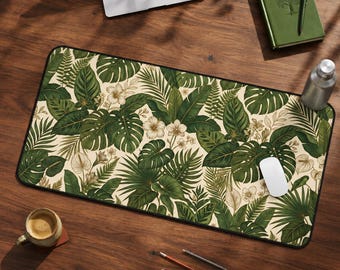 Monstera Desk Mat, Tropical Leaves Mouse Pad Large, Vintage Botanical Office Decor, Aesthetic Jungle Blotter, Greenery Gaming Accessories
