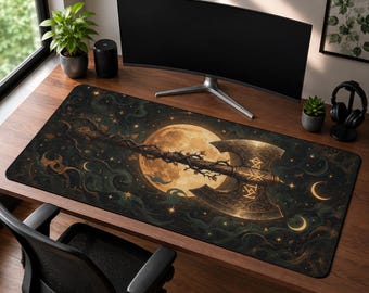 Battle Axe Desk Mat, Viking Runic Mouse Pad, Dark Fantasy Keyboard Mat, Desk Pad, Dark Academia Gift for Him, Witchy Gaming Mat Decor