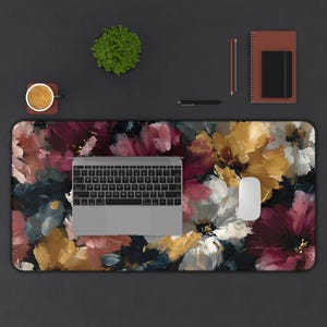 Abstract Floral Desk Mat, Large Painterly Flower Mouse Pad in Burgundy, Gold & Blush, Artistic Desk Decor image 6
