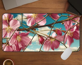Cherry Blossom Desk Mat, Stained Glass Effect Floral Desk Pad, Large Office MousePad