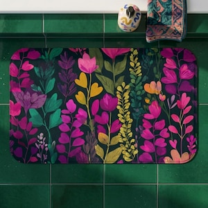 Colorful Floral Bath Mat, Non Slip Flower Bathmat, Dopamine Decor for Bathroom, Purple and Green Shower Rug, Memory Foam Bathroom Rug