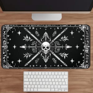 Skull Gothic Desk Mat, Desk Pad & Extra Large Mouse Pad, Dark Aesthetic Computer Mat, Black and White Horror Gaming Keyboardmat, Mousepad XL