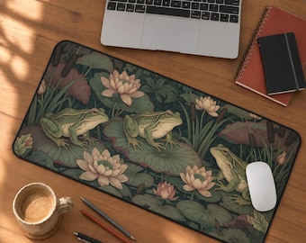 Frog Pond Desk Mat, Cottagecore Lily Pad Desk Pad, Large Mouse Pad,  Botanical Keyboard Mat, Home Office Decor, Frog Lover Gift for Her