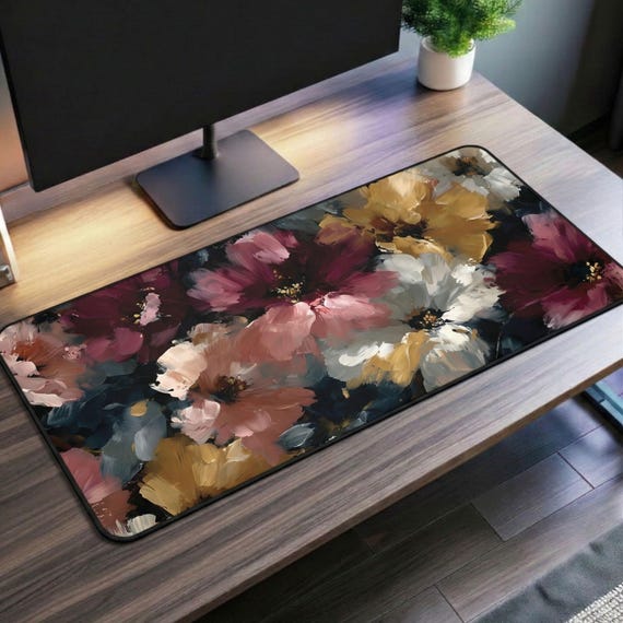 Abstract Floral Desk Mat, Large Painterly Flower Mouse Pad in Burgundy, Gold & Blush, Artistic Desk Decor