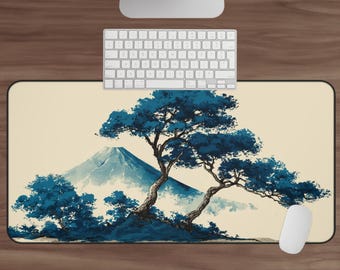 Japanese Mountain Desk Mat, Mt. Fuji Landscape Mouse Pad, Blue Trees Computer Mat, Minimalist Art Desk Pad for Home Office & Gaming Setup