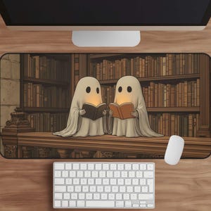 Ghost Library Desk Mat: Spooky Bookworm Mouse Pad for Office Decor