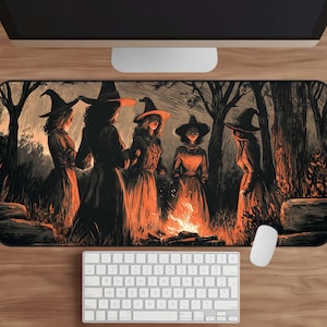 Witchy Desk Mat, Forest Witches Mouse Pad XL, Large Spooky Desk Pad, Halloween Desk Accessory for Office or Gaming Setup, Dark Office Decor