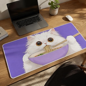 Funny Ramen Cat Desk Mat, Gaming Mouse Pad XXL, Noodle Black Cat Large Desk Pad, Kawaii Anime Keyboard Mat, Cat Lovers Gamers & Office Decor