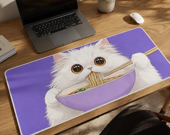 Funny Ramen Cat Desk Mat, Gaming Mouse Pad XXL, Noodle Black Cat Large Desk Pad, Kawaii Anime Keyboard Mat, Cat Lovers Gamers & Office Decor