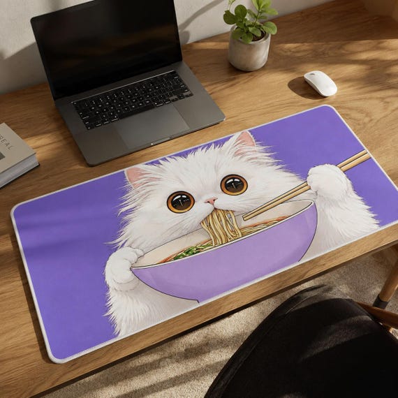 Funny Ramen Cat Desk Mat, Gaming Mouse Pad XXL, Noodle Black Cat Large Desk Pad, Kawaii Anime Keyboard Mat, Cat Lovers Gamers & Office Decor