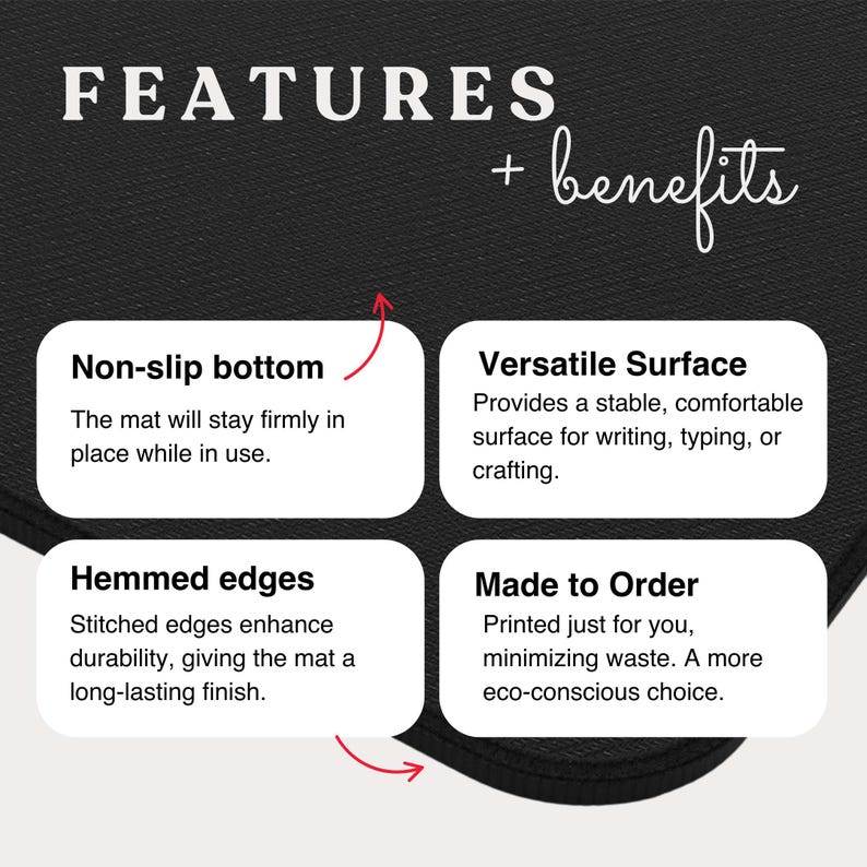 May include: A black rectangular mat featuring white text that reads FEATURES + benefits. Four white boxes detail product attributes: Non-slip bottom, Versatile Surface, Hemmed edges, and Made to Order, each accompanied by descriptive text.
