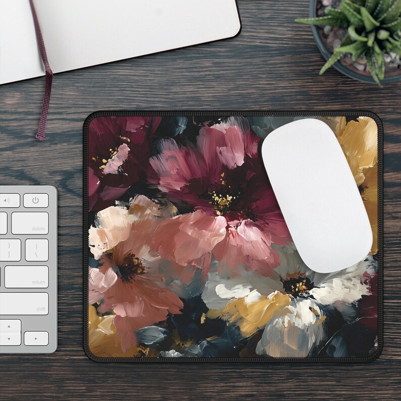Abstract Floral Desk Mat, Large Painterly Flower Mouse Pad in Burgundy, Gold & Blush, Artistic Desk Decor image 11