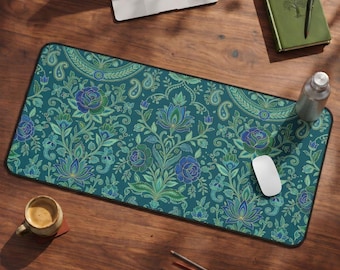 Teal Damask Desk Mat, Blue Floral Large Mouse Pad, Vintage Art Nouveau Computer Mat XL, Gold Paisley Desk Blotter, Gift for Her Office Decor