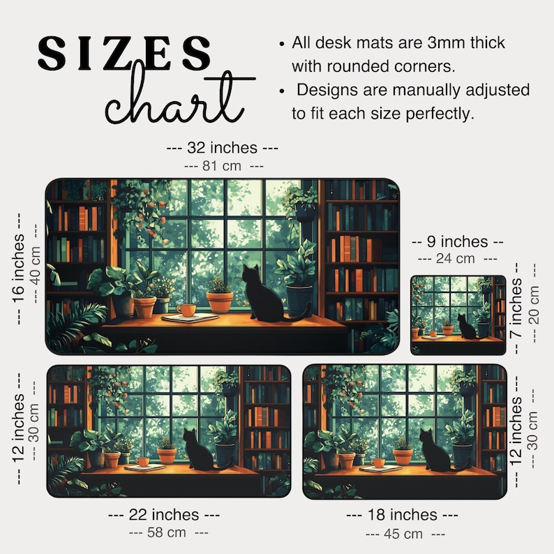 May include: A size chart for desk mats featuring a cat sitting by a window with bookshelves and plants. The chart shows the different sizes available in inches and centimeters. The mats are 3mm thick with rounded corners.