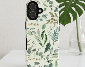 Botanical Phone Case Aesthetic for iPhone 14 15 16 Pro Max, Samsung Galaxy S25 S24 S23 S22, Pixel 9 8 7, Whimsical Green Leaves iPhone Case