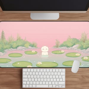 Cat Lily Pond Mouse Pad Kawaii Gaming Desk Mat XL Cute Cartoon Mousepad Pastel Pink Gamer Gift Cat Lover Computer Keyboard Mat Desk Decor