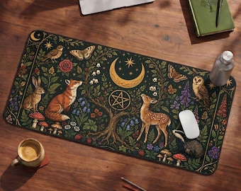 Witchy Desk Mat XL, Celestial Fox & Deer Mouse Pad, Nature Desk Pad, Dark Whimsigoth Office Decor, Moon Phase Mousepad, Cottagecore Deskmat
