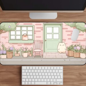 Cottage Mouse Pad Kawaii Gaming Desk Mat XL Cartoon Mousepad Pastel Pink Gamer Gift Cat Lover Computer Keyboard Mat Chibi Cat Desk Decor