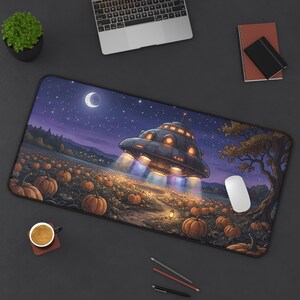 UFO Pumpkin Patch Halloween Desk Mat, Spooky Sci-Fi Large Mouse Pad, Funny Halloween Desk Pad XXL, Computer Mat for Spooky Office Decor