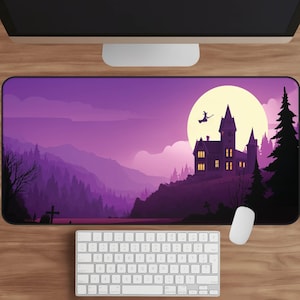 Purple Halloween Desk Mat, Haunted Castle Mouse Pad XL, Witch and Full Moon Desk Pad Large, Witchy Office Accessory, Spooky Gaming Setup