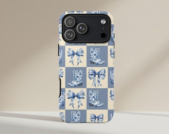 Coquette Cowgirl Phone Case for Iphone 17 16 15, Samsung Galaxy S25 S24 S23, Pixel 9 8 7, Blue Chinoiserie Cowboy Boots and Bow iPhone Case