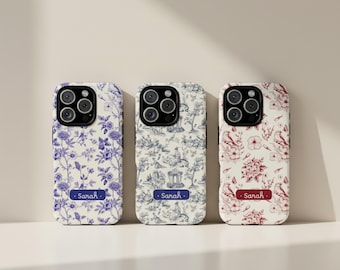 Funda para teléfono Toile de Jouy personalizada, funda con nombre personalizado para iPhone 17 16 15, Samsung Galaxy S25 S24, Pixel 9 8 7, estética Soft Girl
