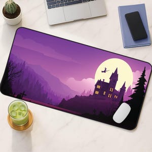 Purple Halloween Desk Mat, Haunted Castle Mouse Pad XL, Witch and Full Moon Desk Pad Large, Witchy Office Accessory, Spooky Gaming Setup