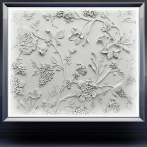 May include: White, three-dimensional floral design on a white background. The design features flowers, leaves, and vines in a repeating pattern.
