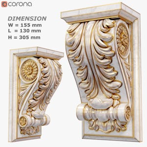 Puede incluir: Dos cornisas de mármol blanco con detalles en pan de oro. Las cornisas son ornamentadas y presentan un diseño floral. Las dimensiones son W = 155 mm, L = 130 mm, H = 305 mm.