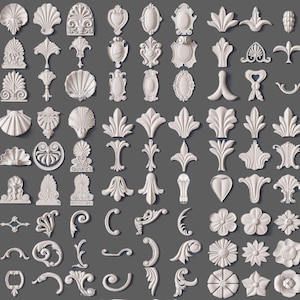 May include: A collection of 60 white, 3D printed, decorative, ornate, and intricate designs. The designs are inspired by traditional architectural elements and include floral, shell, and scroll motifs.