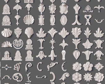 Puede incluir: Una colección de 60 diseños decorativos, ornamentados e intrincados, impresos en 3D en blanco. Los diseños están inspirados en elementos arquitectónicos tradicionales e incluyen motivos florales, de conchas y de volutas.