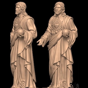 Può includere: Una scultura stampata in 3D di Gesù Cristo con un cuore sul petto e un globo in mano. La scultura è in posizione eretta ed è realizzata in materiale marrone chiaro.