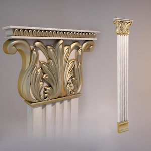 May include: A white and gold decorative column with a detailed floral design on the top. The column is made of a smooth, white material and has a gold trim around the top and bottom.