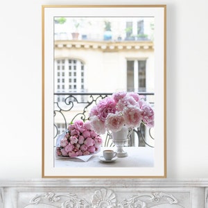 Fotografia de Paris - peônias e café expresso, varanda de Paris, café, arte de parede grande, decoração de casa francesa