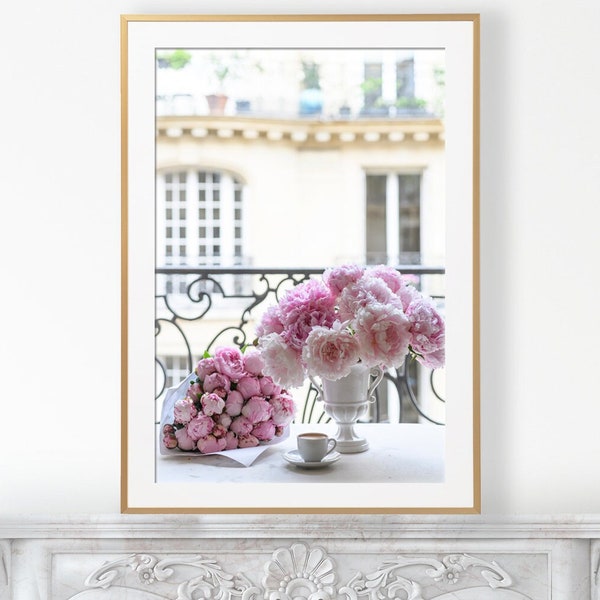 Paris Photography - Peonies and Espresso, Paris Balcony, Coffee, Large Wall Art, French Home Decor