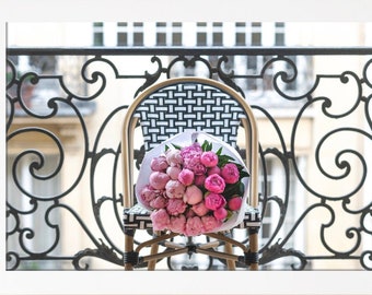 Paris Fine Art Photography – Peonies on a Paris Balcony, Peonies, Paris Wall Art, French Architecture, Large Wall Art