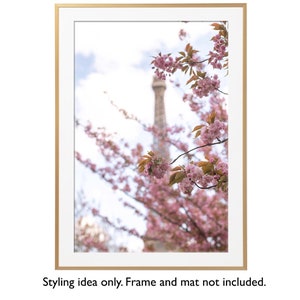 May include: A photograph of the Eiffel Tower in Paris, France, with pink cherry blossoms in the foreground.