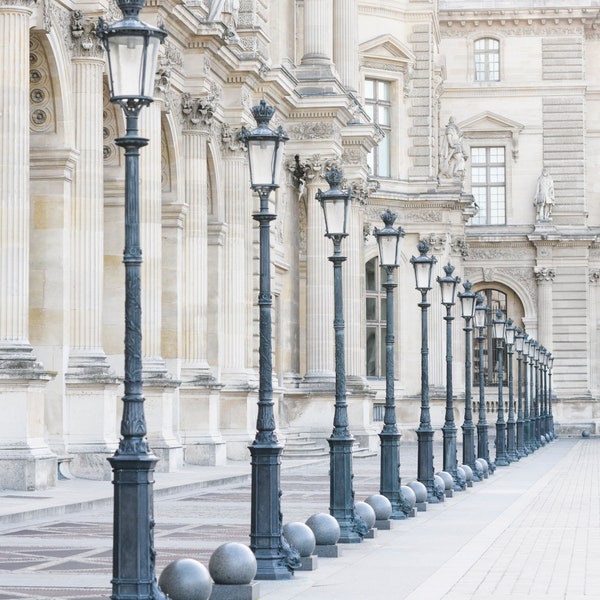 Paris Photography - Lamp Posts at the Louvre, Architecture Photography, Travel Photograph, Neutral French Home Decor, Large Wall Art