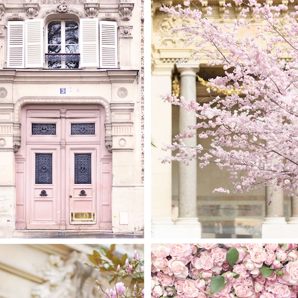 Paris Fine Art Print Collection - Paris in Blush, Blush and Neutral Gallery Wall, Paris Door, Pastel, Blossoms, Large Wall Art