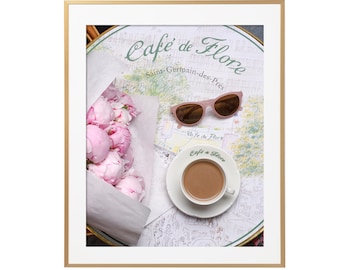 Paris Photography -  Peonies and Coffee at Cafe de Flore, Vertical, Paris Sidewalk Cafe, Kitchen Decor, Large Wall Art, French Home Decor