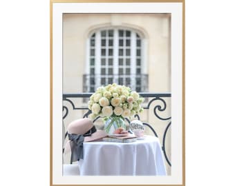 Paris Photography - Cream Roses on a Paris Balcony, Coffee, Large Wall Art, French Home Decor