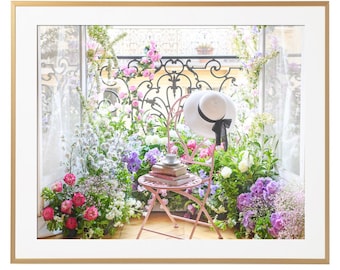 Paris Photography - Parisian Floral Fantasy, French Decor, Paris Apartment Balcony, Large Wall Art, French Home Decor