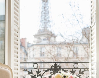Paris Photography - Coffee and Flowers, Eiffel Tower, Ornate Iron Balcony, Travel Photograph, Large Wall Art, French Decor, Gallery Wall