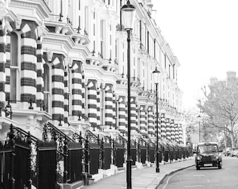 London Photography - London Taxi on Hornton Street, Black and White Houses, England Travel Photo, Large Wall Art, Home Decor, Gallery Wall