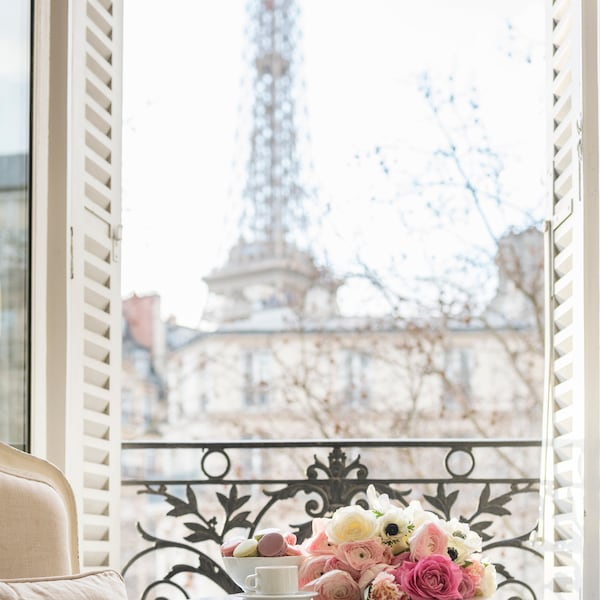 Paris Photography - Coffee and Flowers, Eiffel Tower, Ornate Iron Balcony, Travel Photograph, Large Wall Art, French Decor, Gallery Wall